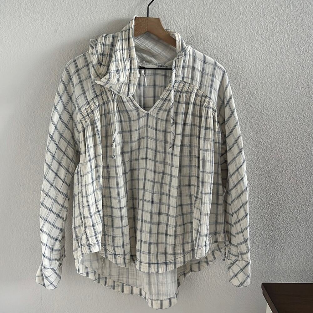 Free People Hooded Gauzy Oversized Sweatshirt Plaid Coastal Boho Layered XS